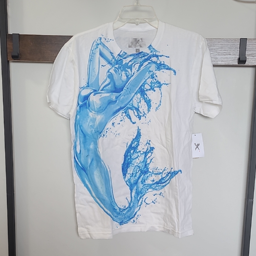 Marc Ecko Blue and White Splash Water Mermaid Siren Short Sleeve Tee